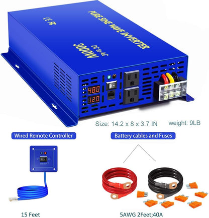 3000W Pure Sine Wave Inverter Power Inverter 48V DC to AC 120V 110V with 15Ft Remote, Surge 6000W, 48 Volt Power Inverter for off Grid Solar Power System. (3000W48V Remote)