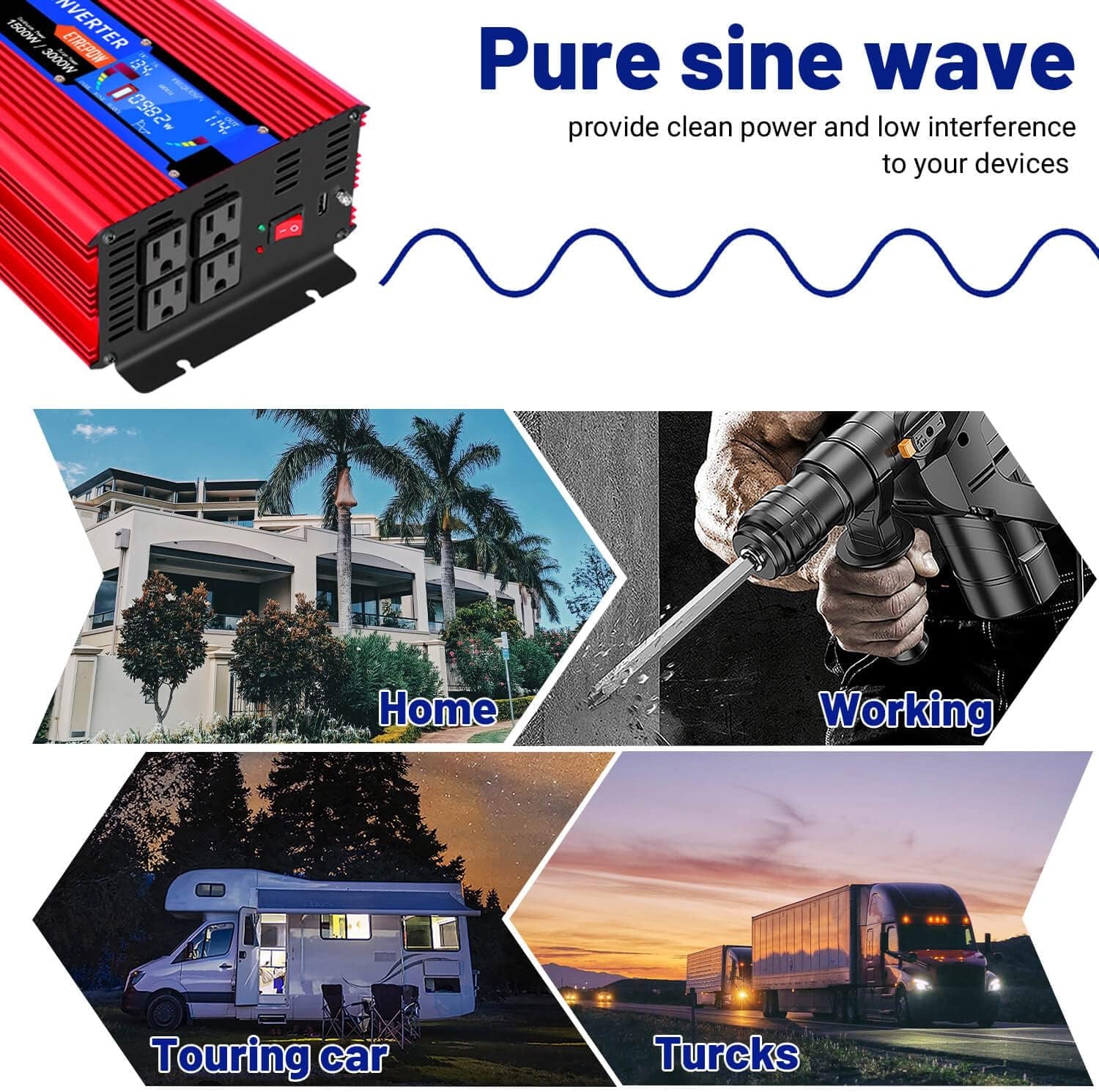 Pure Sine Wave Inverter 1500 Watt 12V DC to 110V 120V AC with LCD Display, 4 AC Outlets, USB Portand -Solar Inverters for Car,Rv,Home,Trucks,3000W Peak Red