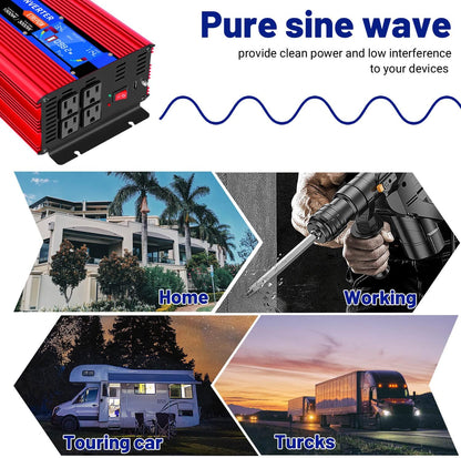 Pure Sine Wave Inverter 1500 Watt 12V DC to 110V 120V AC with LCD Display, 4 AC Outlets, USB Portand -Solar Inverters for Car,Rv,Home,Trucks,3000W Peak Red