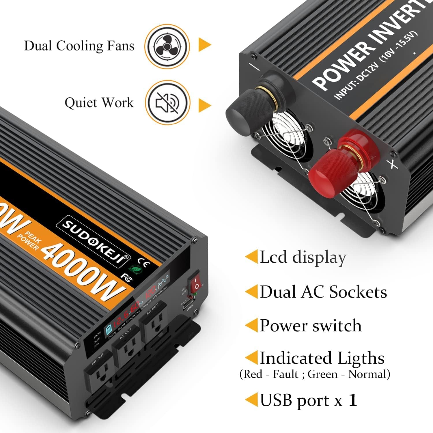 2000W Power Inverter 12V DC to AC 110V/120V (Peak) 4000W Converter 3 Sockets Car Inverter with Remote Control and LED Display 3.4V USB Port