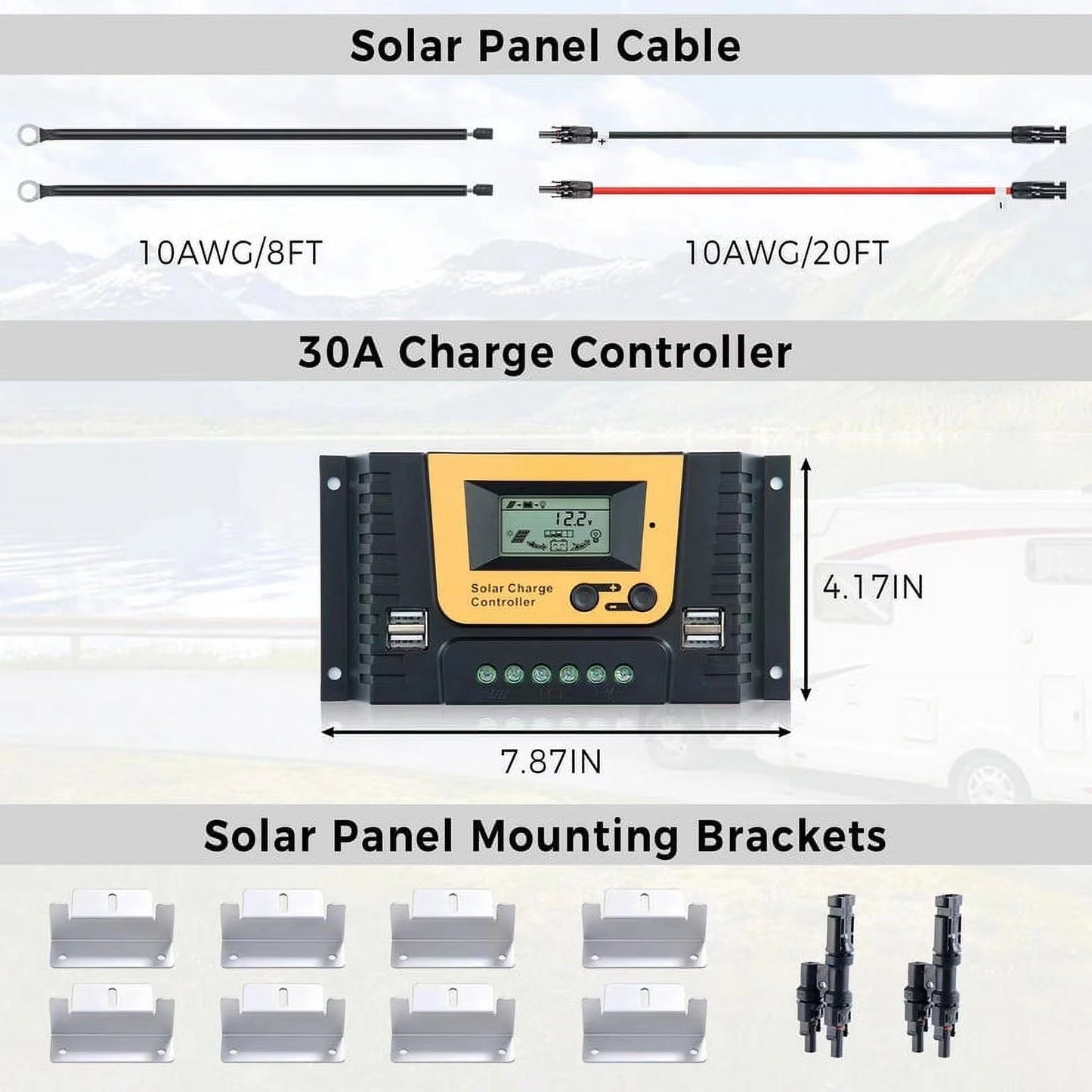 12 Volt 200W Monocrystalline Solar Panel Off-Grid Starter Kit with 30A PWM Charge Controller