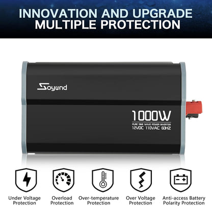 Power Inverter Pure Sine Wave 1000 Watt, 12Vdc to 120Vac Solar Power Inverter with Remote Controller(16Ft) & Dual Ac Outlets Car Inverter for Tools Lights Rv Home