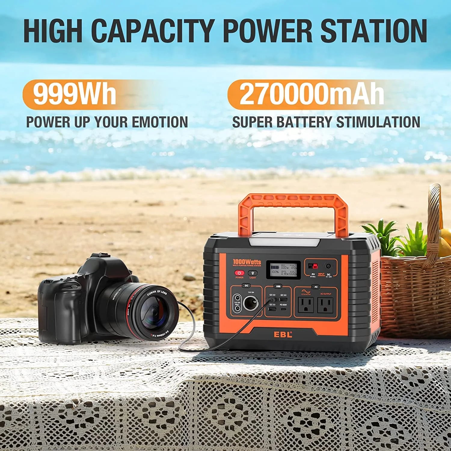 Portable Power Station, Solar Generator 1000W and 2X 100W Portable Solar Panel with 2 X AC Outlets, 3 X QC3.0 USB, and PD60W Port for Outdoor Camping