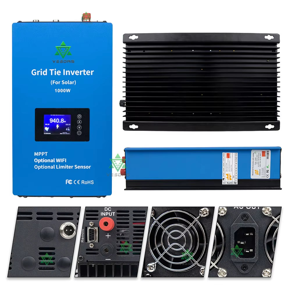 1000W MPPT Solar Grid Tie Inverter with Limiter Sensor Micro Inversor Pure Sine Wave Battery Discharge Power DC 24V 48V 110/220V