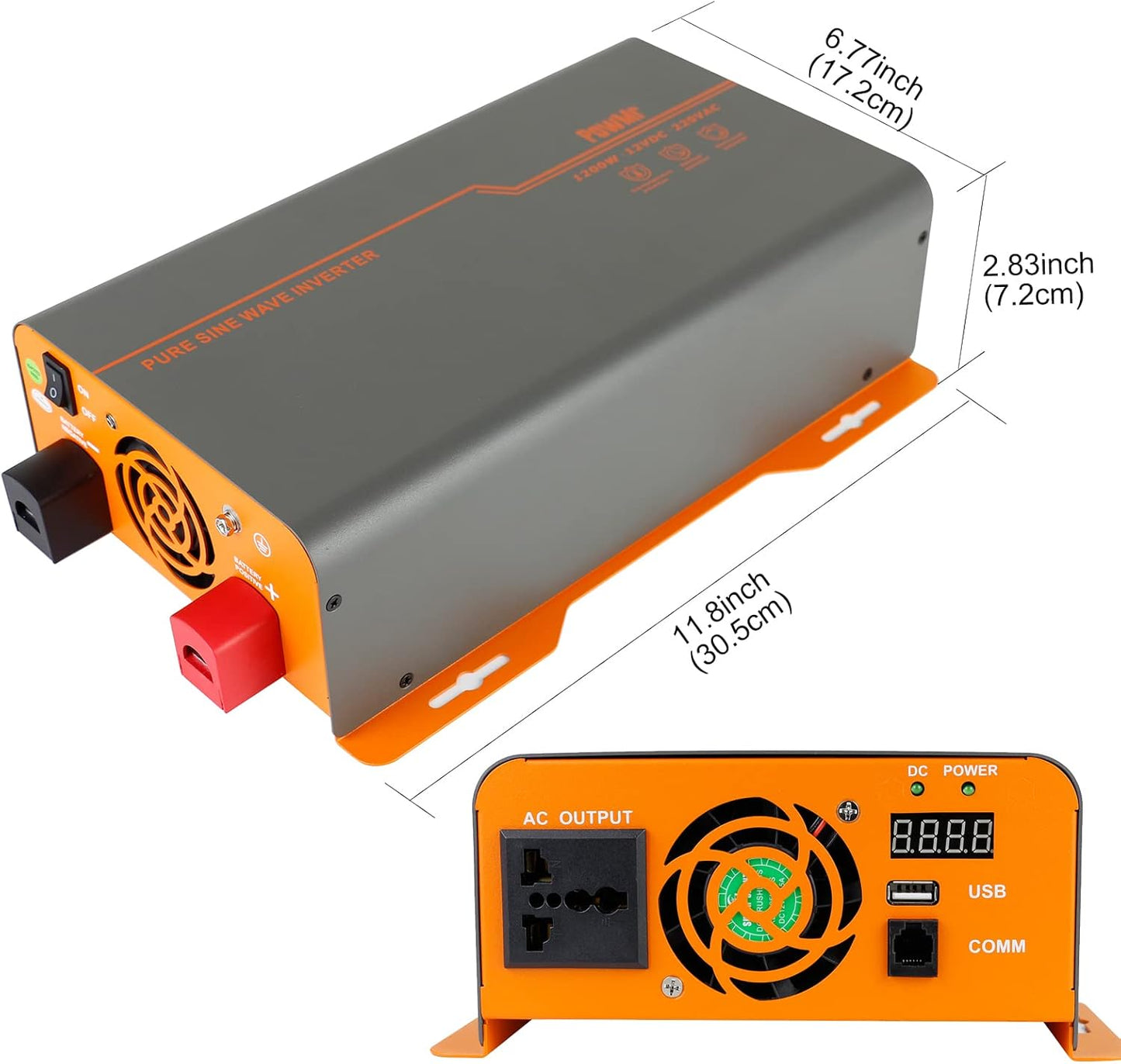 1200W Pure Sine Wave Inverter 12VDC to 220VAC/110AC Converter (1200W, 110VAC Output)