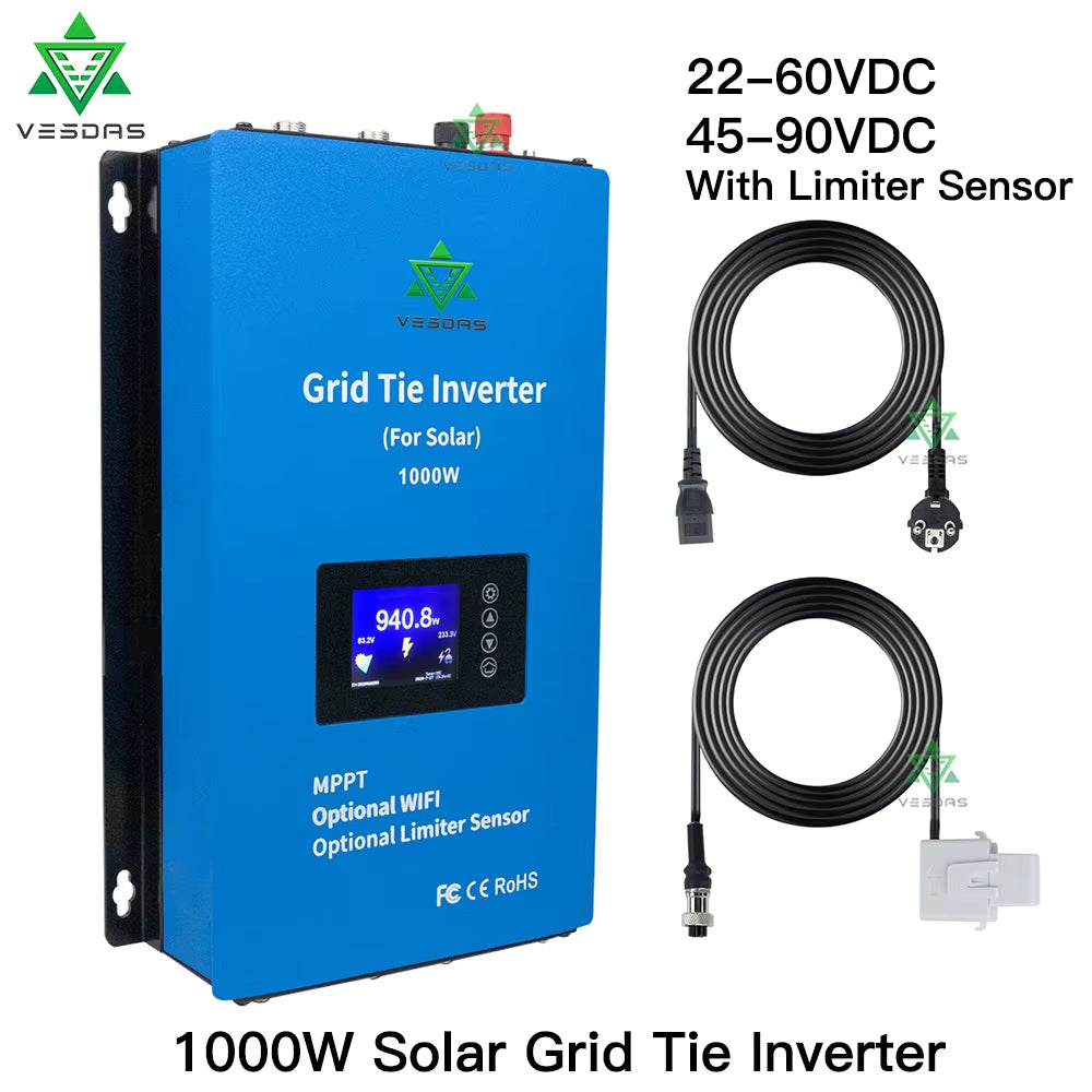 1000W MPPT Solar Grid Tie Inverter with Limiter Sensor Micro Inversor Pure Sine Wave Battery Discharge Power DC 24V 48V 110/220V