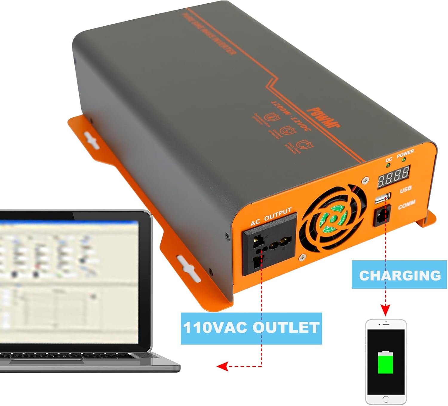 1200W Pure Sine Wave Inverter 12VDC to 220VAC/110AC Converter (1200W, 110VAC Output)