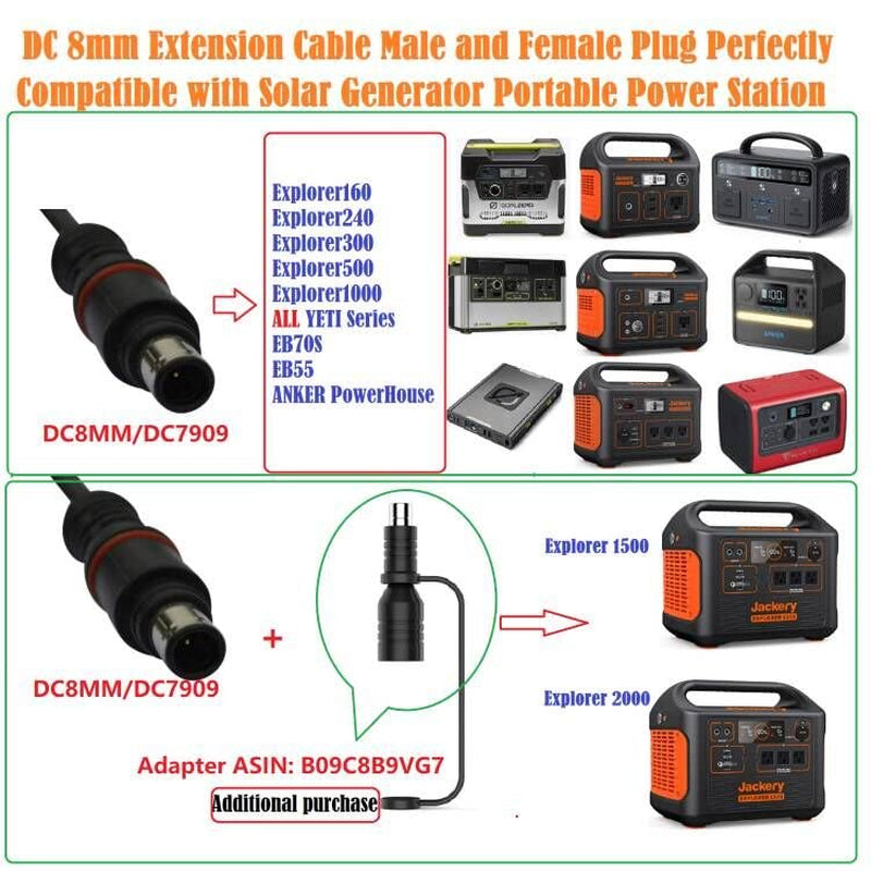 30Ft Extension Cable DC 8Mm Male and Female Plug Perfectly Compatible with Solar Generator Portable Power Station and Solar Panel