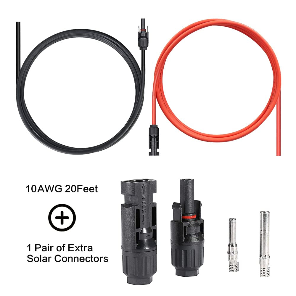 20 Feet 12AWG Solar Extension Cable with Female and Male Connector with Extra Free Pair of Connectors Solar Panel Adaptor Kit Tool(1 Pair 20 Feet Black + 20 Feet Red)