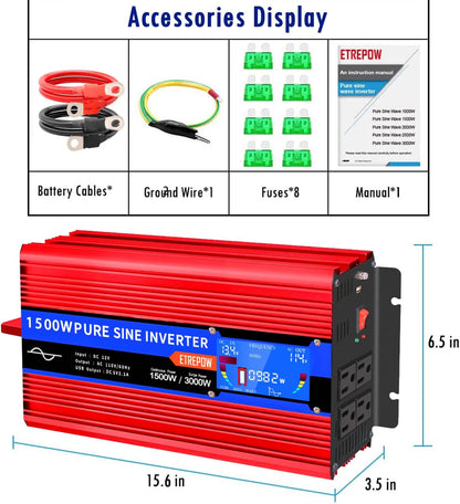 Pure Sine Wave Inverter 1500 Watt 12V DC to 110V 120V AC with LCD Display, 4 AC Outlets, USB Portand -Solar Inverters for Car,Rv,Home,Trucks,3000W Peak Red