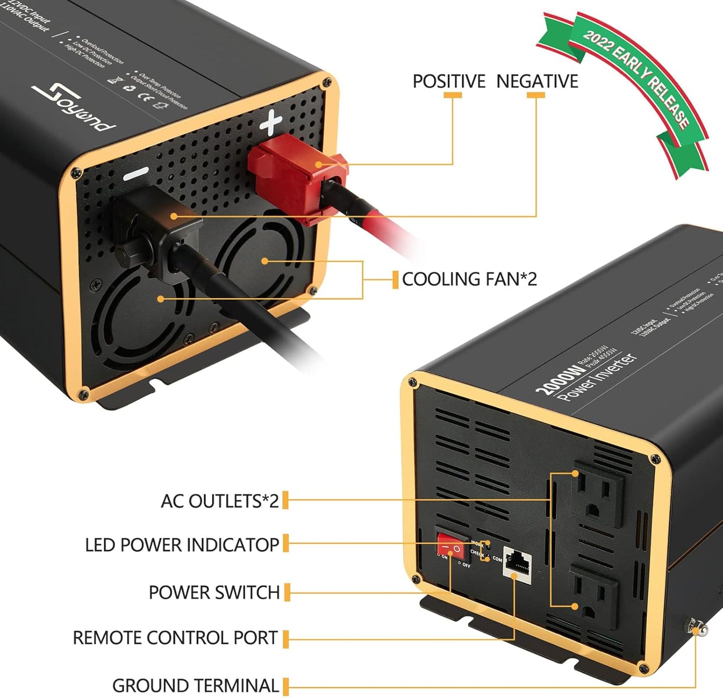 Power Inverter 2000 Watt 12Vdc to 120Vac Modified Sine Wave Car Inverter with 3 AC Outlets DC to AC Converter for Home Car RV Truck