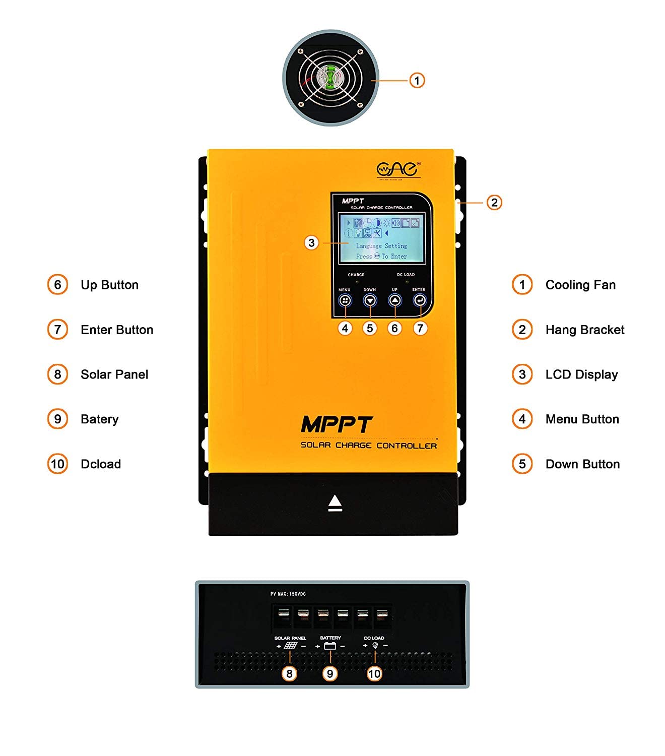 60A MPPT Solar Charge Controller 12V 24V 36V 48V Auto Battery Regulator, Solar Panel Max 150V Input for Lithium, Sealed, Gel, and Flooded Batteries (Yellow)