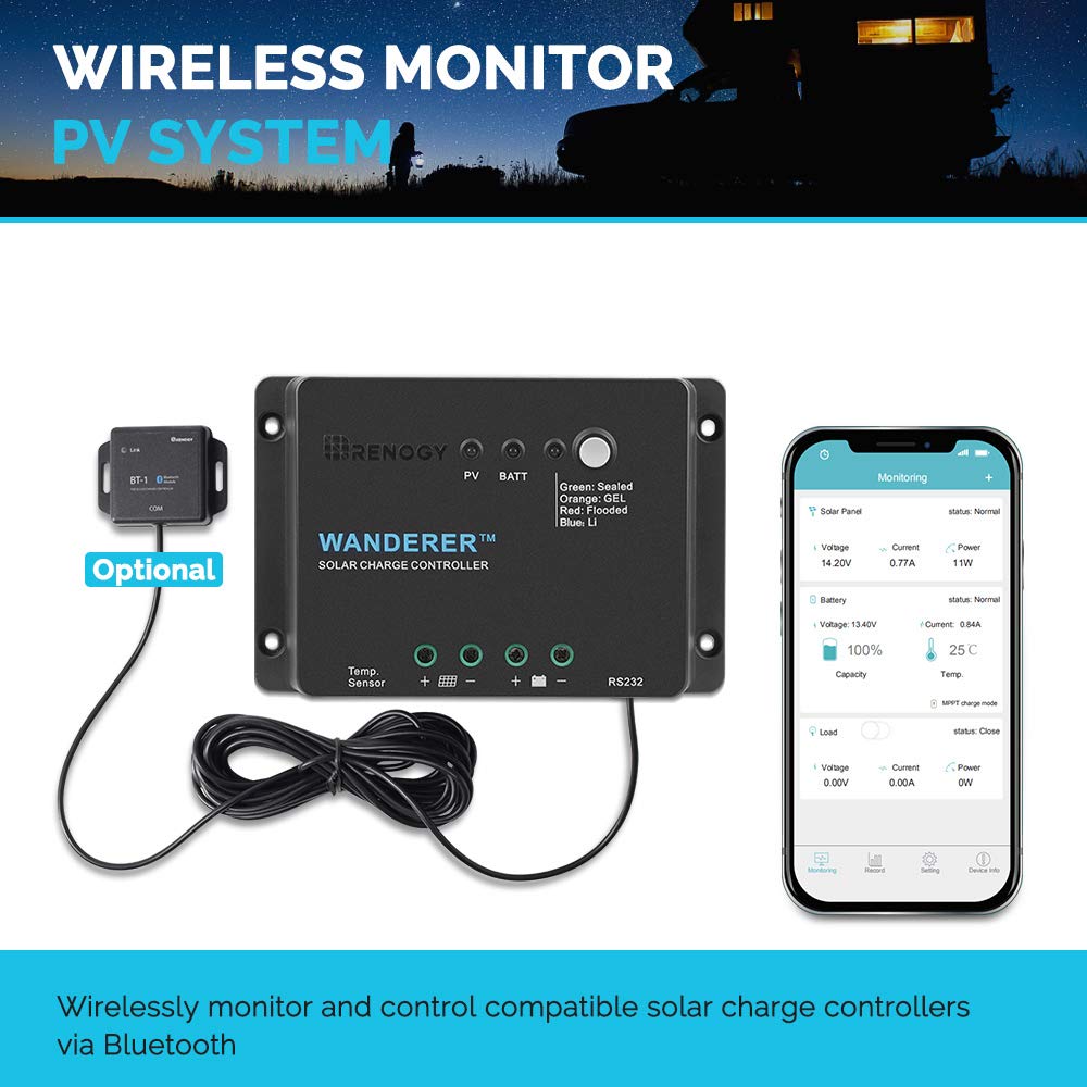 Renogy Wanderer Li 30A 12V PWM Negative Ground Solar Charge Controller Solar Panel Regulator w/ Temp Sensor Function Fit for Lithium, Sealed, Gel, and Flooded Batteries, Wanderer Li 30A