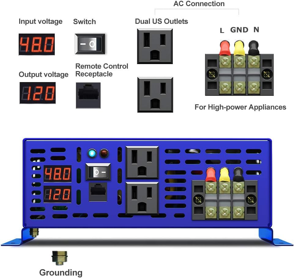 3000W Pure Sine Wave Inverter Power Inverter 48V DC to AC 120V 110V with 15Ft Remote, Surge 6000W, 48 Volt Power Inverter for off Grid Solar Power System. (3000W48V Remote)