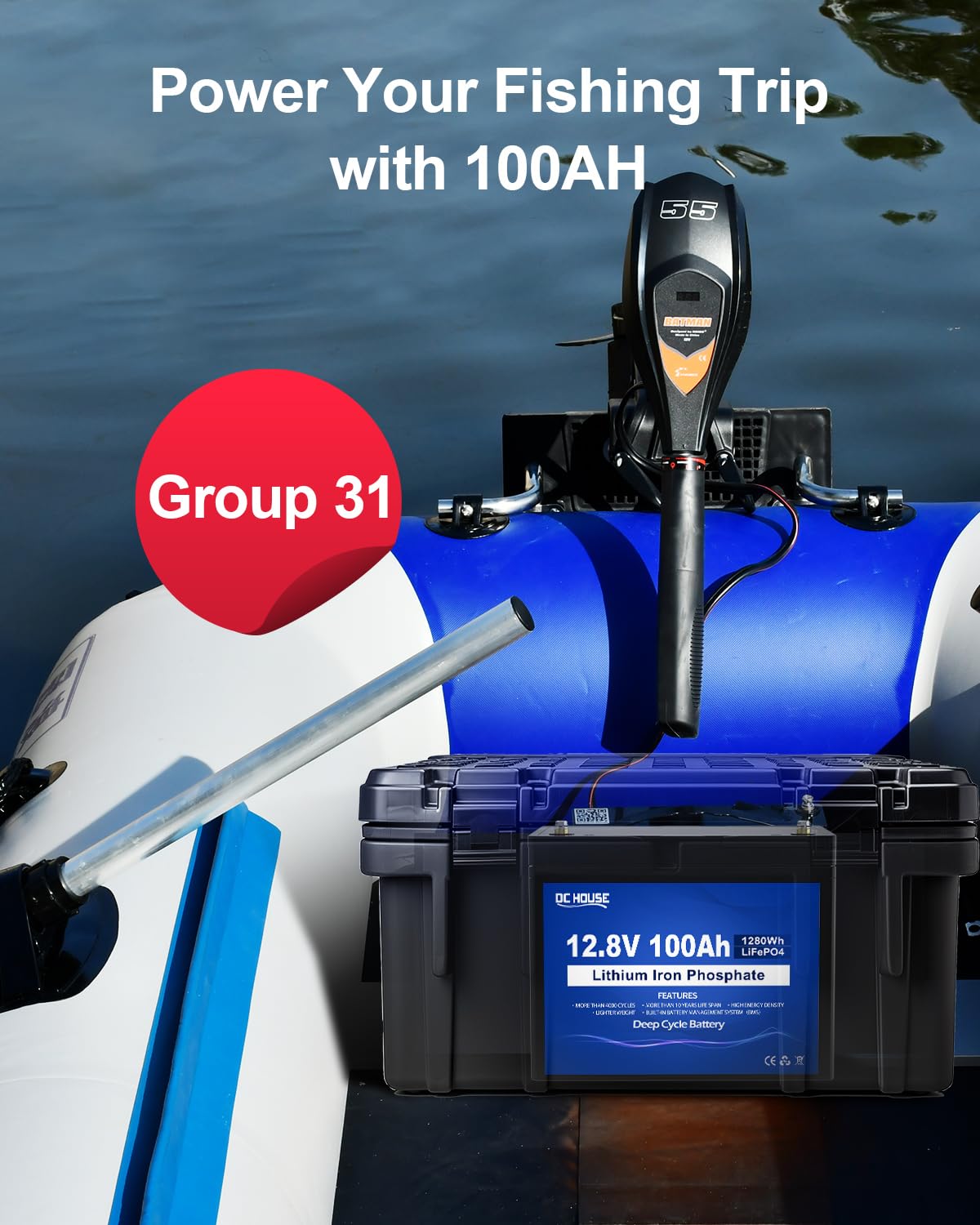 DC HOUSE 12V 100AH LiFePO4 Lithium Battery, Group 31 100AH Marine Battery with 100A BMS, Up to 15000 Deep Cycles Battery for RV, Solar, Trolling Motor, Travel Trailer, Energy Storage- Off Grid