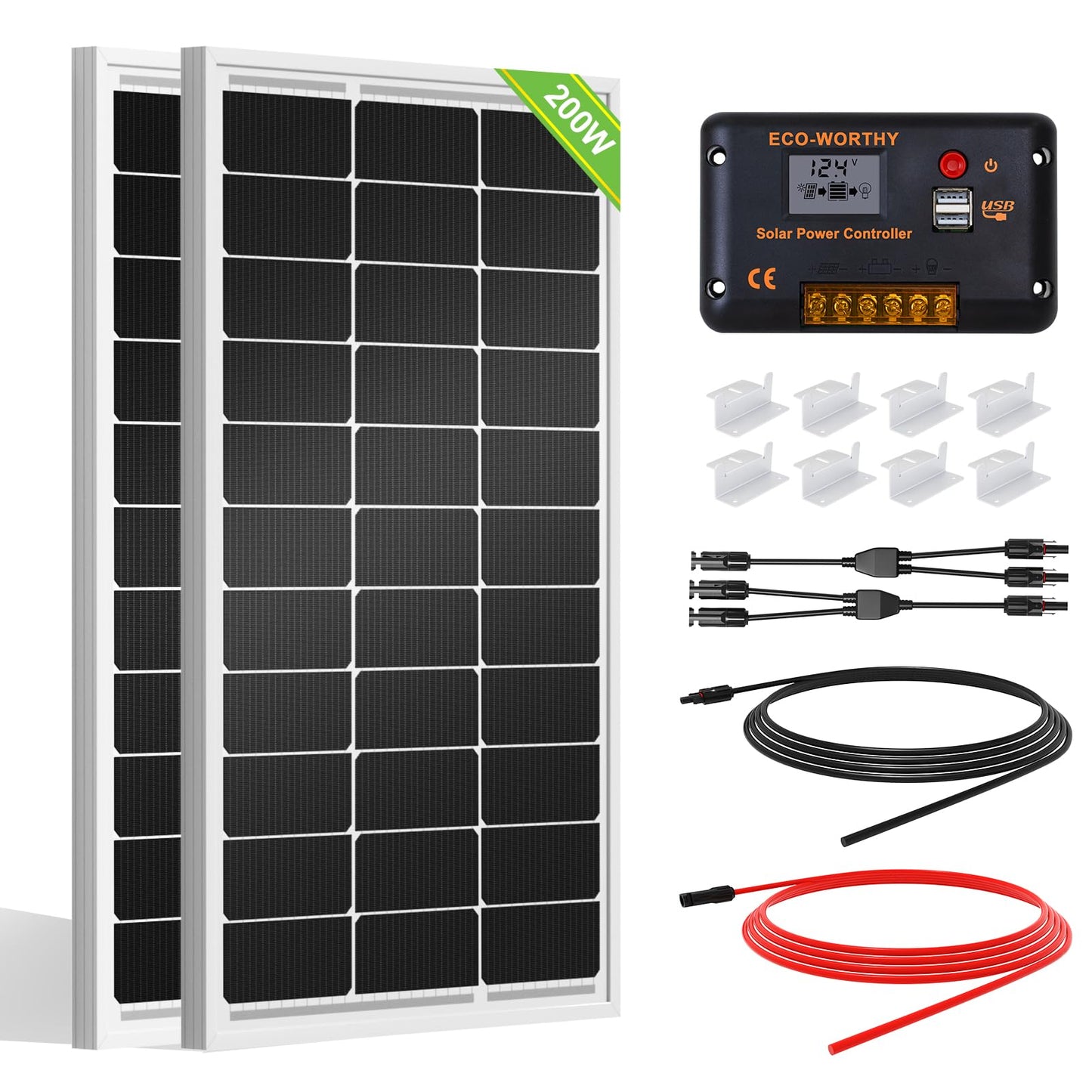 ECO-WORTHY 200 Watts 12 Volt/24 Volt Solar Panel Kit with High Efficiency Monocrystalline Solar Panel and 30A PWM Charge Controller for RV, Camper, Vehicle, Caravan and Other Off Grid Applications