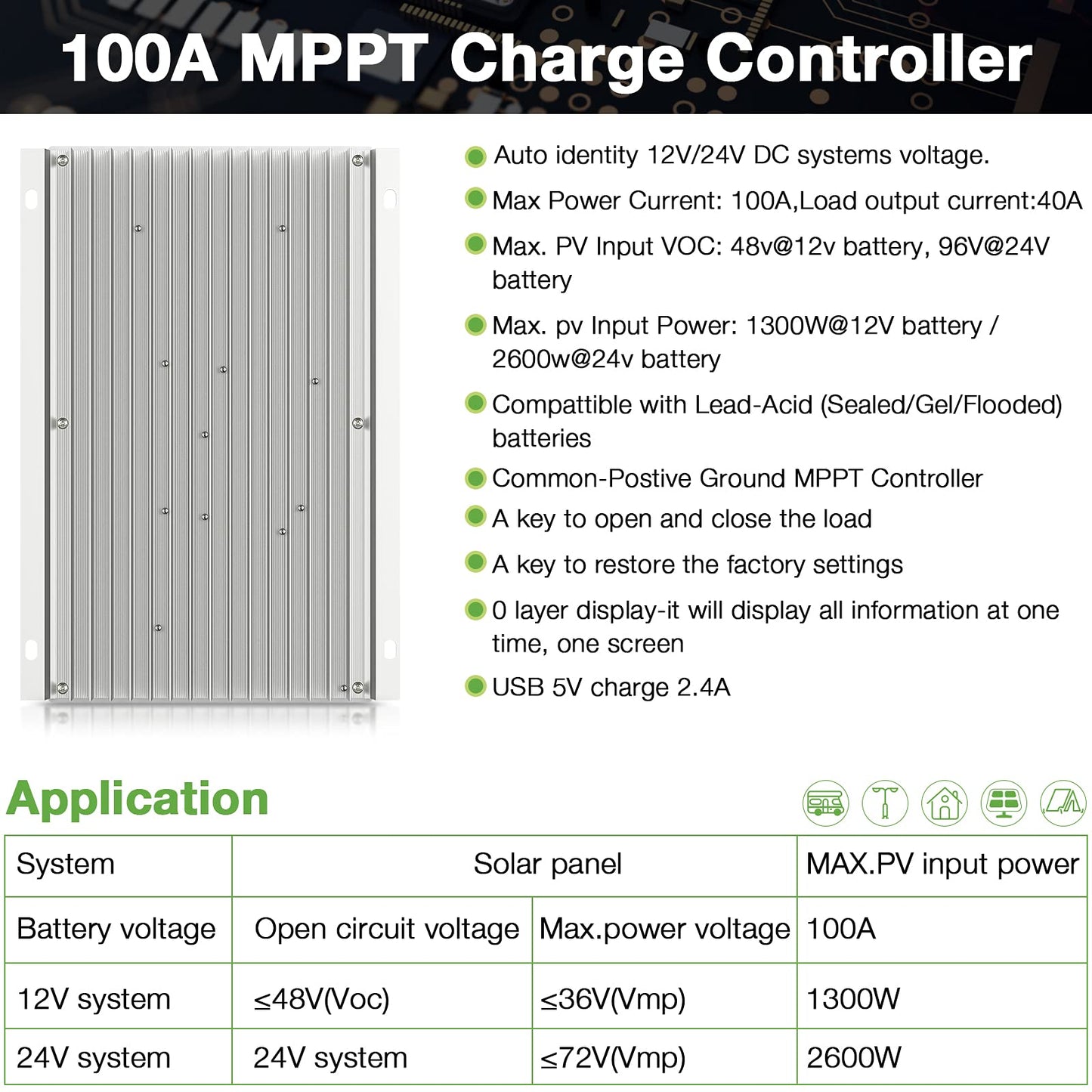 OOYCYOO MPPT Charge Controller 100 amp 12V/24V Auto, 100A Solar Panel Charge Regulator with Blacklight LCD Display Max 100V for Lead-Acid Sealed Gel AGM Flooded Lithium Battery