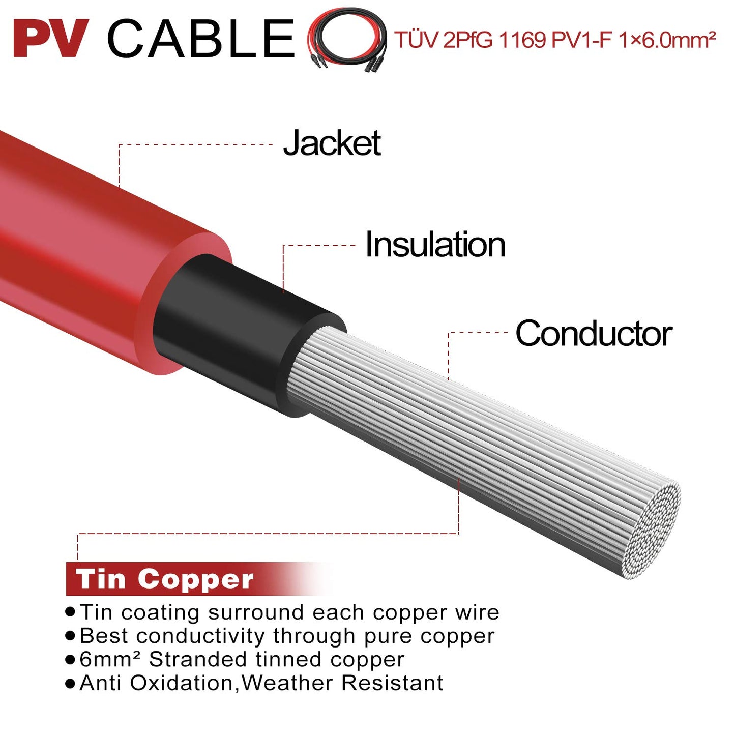 BeideLt Solar Cables 10 Feet 10AWG Solar Panel Extension Cable,6mm² Solar Extension Cable Wire with 1 Pair 10 Feet Black + 10 Feet Red Weatherproof Tinned Copper Extension Cable Wire Adapter Kit