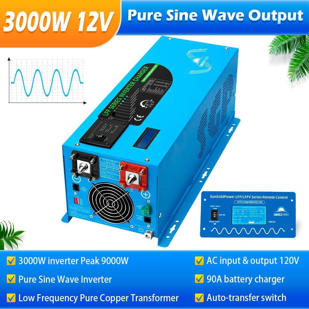 Sungoldpower 3000W DC 12V Peak 9000W Inverter Charger Pure Sine Wave Upgrade, AC 120V with 90A Battery AC Charger LCD Display, Low Frequency Inverter, for RV, Trailer, Camper, Home, Boat