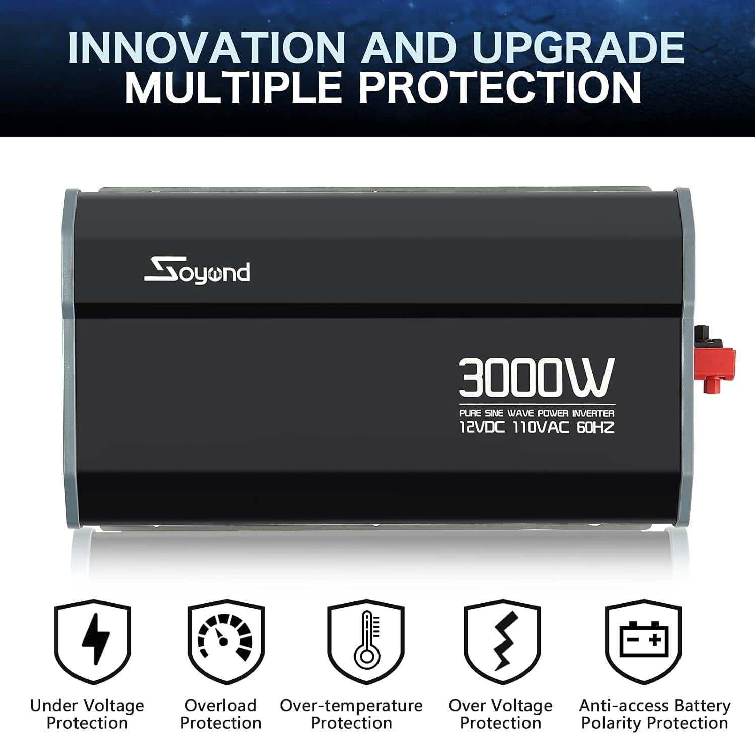 Power Inverter Pure Sine Wave 3000 Watt, 12VDC to 120VAC Solar Inverter with Remote Controller(16Ft) & Dual AC Outlets Off-Grid Power Inverter for RV Car Home Solar System Emergency