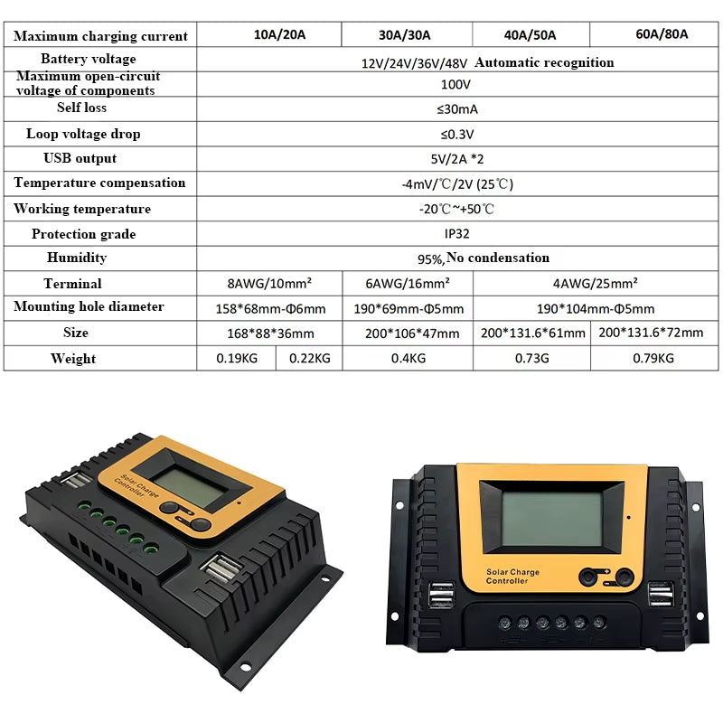 Polestar Solar Charge Controller 12V 24V 48V 10A 20A 30A 40A Solar Controller Solar Panel Battery Regulator Dual USB