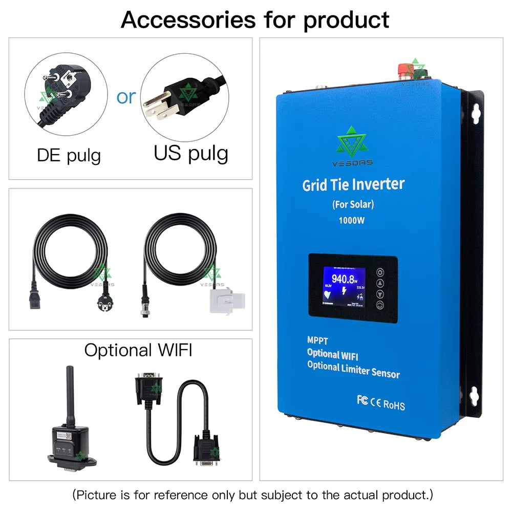 1000W MPPT Solar Grid Tie Inverter with Limiter Sensor Micro Inversor Pure Sine Wave Battery Discharge Power DC 24V 48V 110/220V