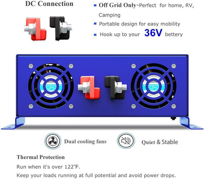 3000 Watt Inverter Pure Sine Wave Inverter 36 Volt to 110V 120V with 150Ft Remote Switch, Surge Power 6000W, Power Inverter for Truck Rv Car off Grid Solar System. (3000W36V Remote)