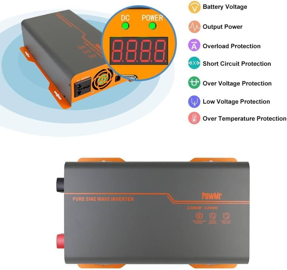 1200W Pure Sine Wave Inverter 12VDC to 220VAC/110AC Converter (1200W, 110VAC Output)