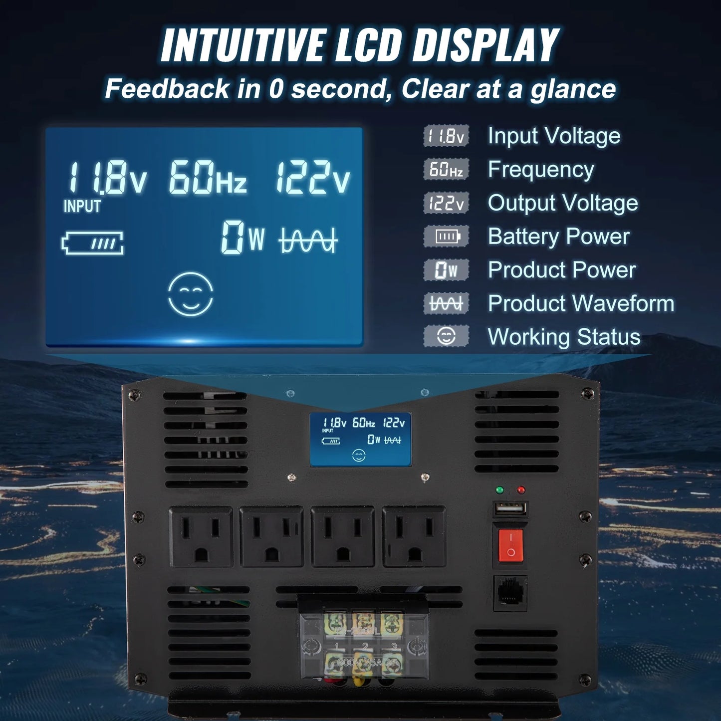 Pure Sine Wave Inverter Power Inverter 3500W DC12V to AC120V Inverter LCD