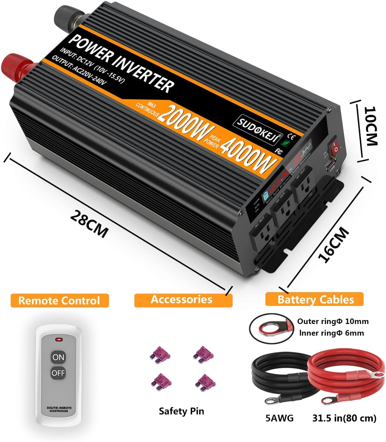 2000W Power Inverter 12V DC to AC 110V/120V (Peak) 4000W Converter 3 Sockets Car Inverter with Remote Control and LED Display 3.4V USB Port