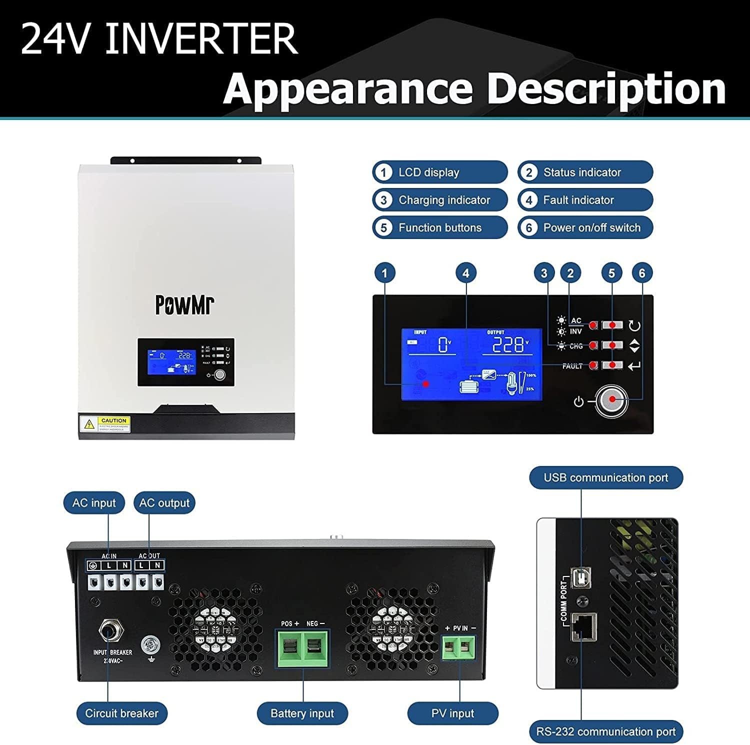 2400W 3000VA Solar Inverter with 40A MPPT Controller,24V DC to 220V AC Hybrid Inverter with 40A MPPT Solar Controller, Work with Lead-Acid and Lithim Batteries…