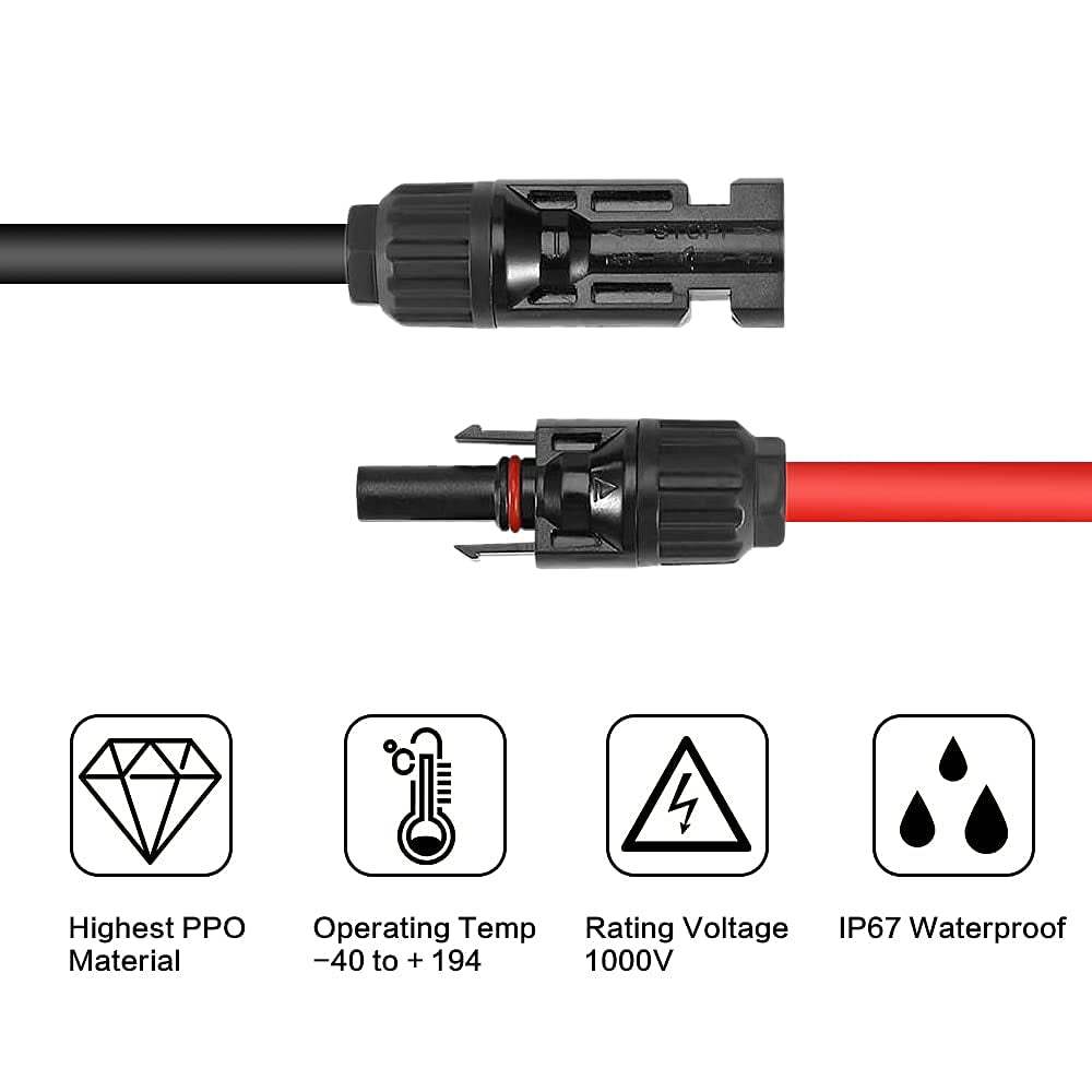 20 Feet 12AWG Solar Extension Cable with Female and Male Connector with Extra Free Pair of Connectors Solar Panel Adaptor Kit Tool(1 Pair 20 Feet Black + 20 Feet Red)