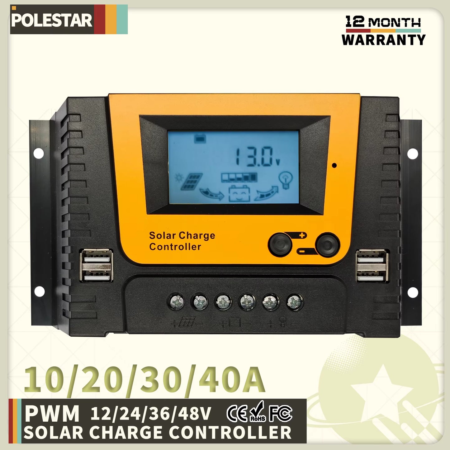 Polestar Solar Charge Controller 12V 24V 48V 10A 20A 30A 40A Solar Controller Solar Panel Battery Regulator Dual USB