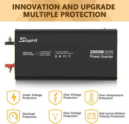 Power Inverter 2000 Watt 12Vdc to 120Vac Modified Sine Wave Car Inverter with 3 AC Outlets DC to AC Converter for Home Car RV Truck