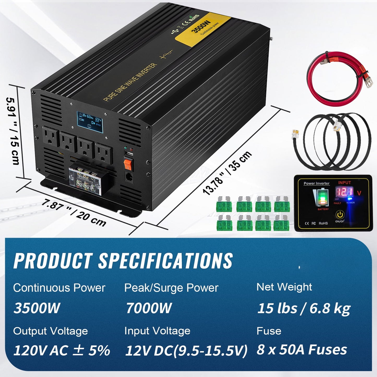 Pure Sine Wave Inverter Power Inverter 3500W DC12V to AC120V Inverter LCD