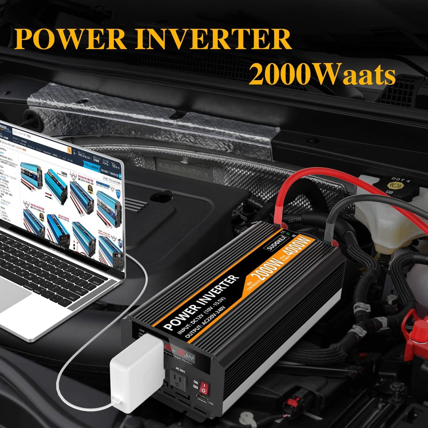 2000W Power Inverter 12V DC to AC 110V/120V (Peak) 4000W Converter 3 Sockets Car Inverter with Remote Control and LED Display 3.4V USB Port