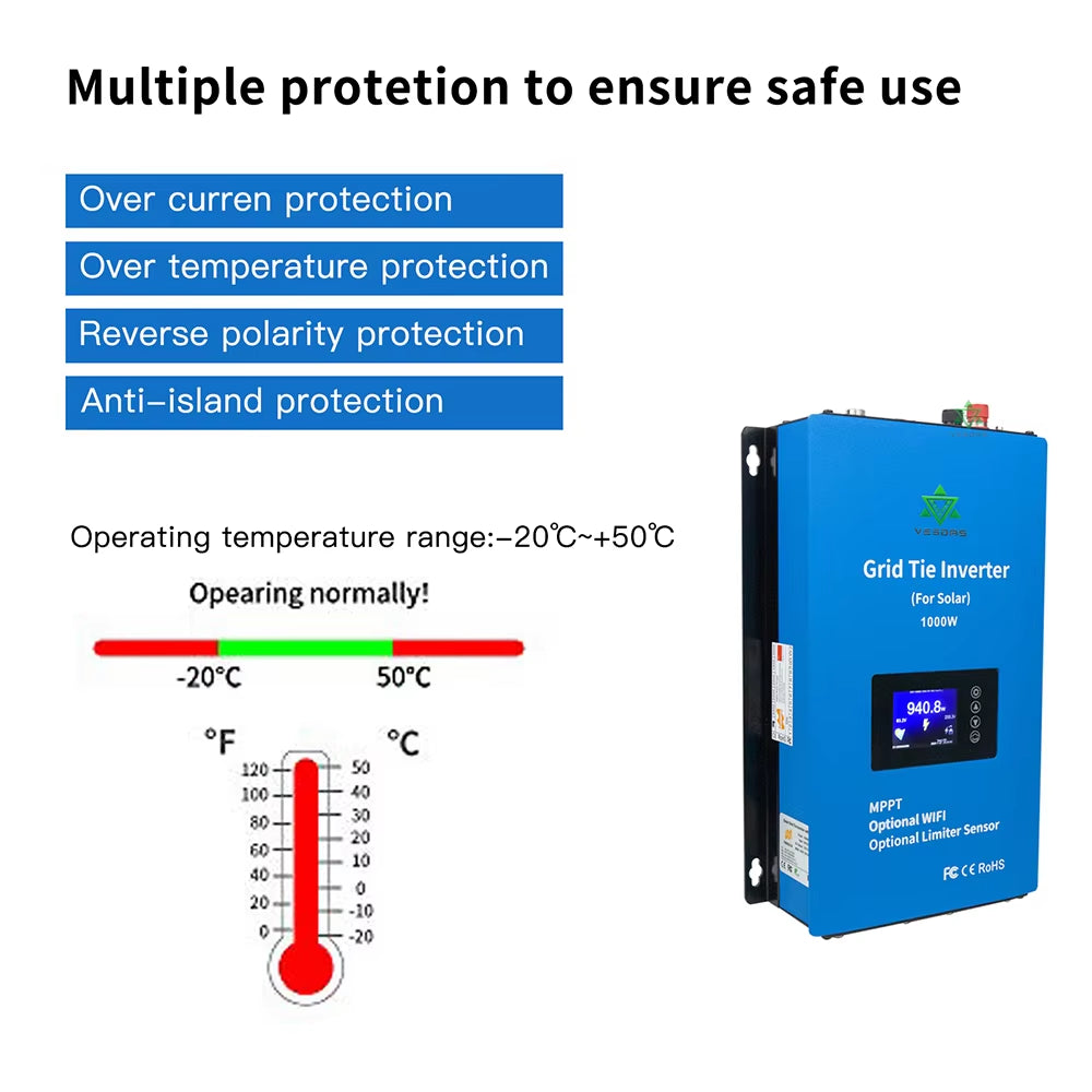 1000W MPPT Solar Grid Tie Inverter with Limiter Sensor Micro Inversor Pure Sine Wave Battery Discharge Power DC 24V 48V 110/220V