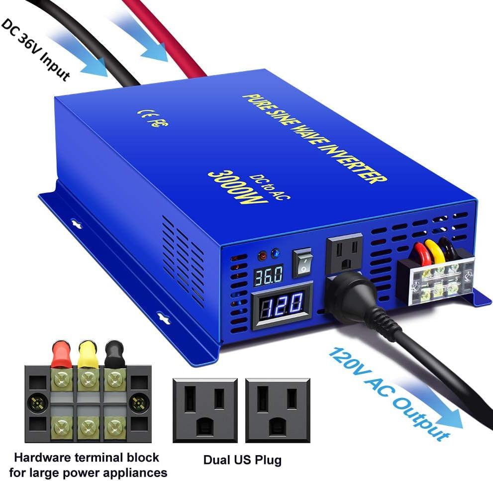 3000 Watt Inverter Pure Sine Wave Inverter 36 Volt to 110V 120V with 150Ft Remote Switch, Surge Power 6000W, Power Inverter for Truck Rv Car off Grid Solar System. (3000W36V Remote)