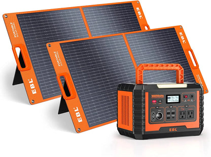 Portable Power Station, Solar Generator 1000W and 2X 100W Portable Solar Panel with 2 X AC Outlets, 3 X QC3.0 USB, and PD60W Port for Outdoor Camping