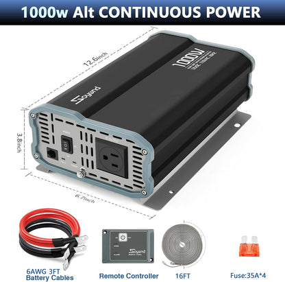 Power Inverter Pure Sine Wave 1000 Watt, 12Vdc to 120Vac Solar Power Inverter with Remote Controller(16Ft) & Dual Ac Outlets Car Inverter for Tools Lights Rv Home