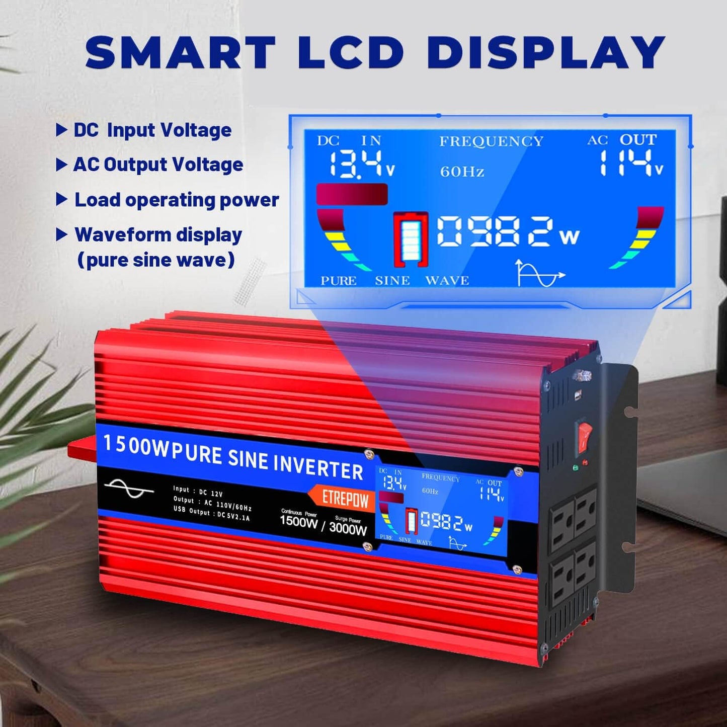 Pure Sine Wave Inverter 1500 Watt 12V DC to 110V 120V AC with LCD Display, 4 AC Outlets, USB Portand -Solar Inverters for Car,Rv,Home,Trucks,3000W Peak Red